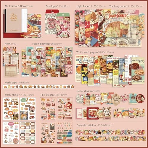 Image of VIBE VISTA Vintage Aesthetic Scrapbook Kit, 346 Pcs, A6 Grid Notebook, Washi, Envelopes, Scrapbook Papers, Folding Labels, Background Papers, Photo Frames, Calendar Stickers, Stickers (Food Diary)