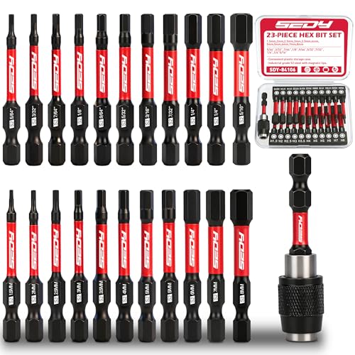 23-Piece Magnetic Hex Head Allen Wrench Drill Bit Set with 2.4 Impact Bit Holder 1/4 Hex Shank Hex Bits SAE & Metric Hex Screwdriver Bit Set S2 Steel Allen Key Mechanic Home Repair