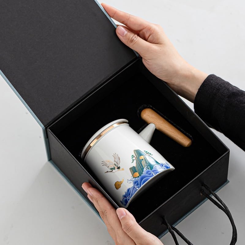 Tasse à thé Tasse à infusion en céramique avec couvercle, tasse à séparation d'eau et de thé, tasse filtrante avec poignée en bois, tasses de bureau Récipient de trempage(A)