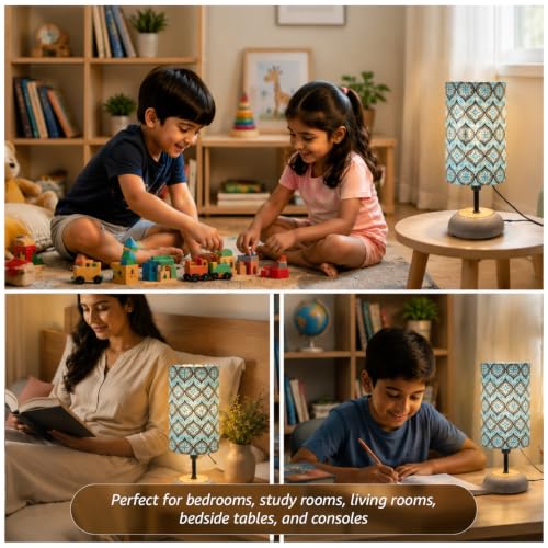Image of Amazon Basics Blue Lagoon Table Lamp | Hand-Painted Mango Wood Base with Printed Polyester Shade | E14 Holder | Decorative Night Lamp for Bedroom, Living Room & Study Room | Home Decor Gift