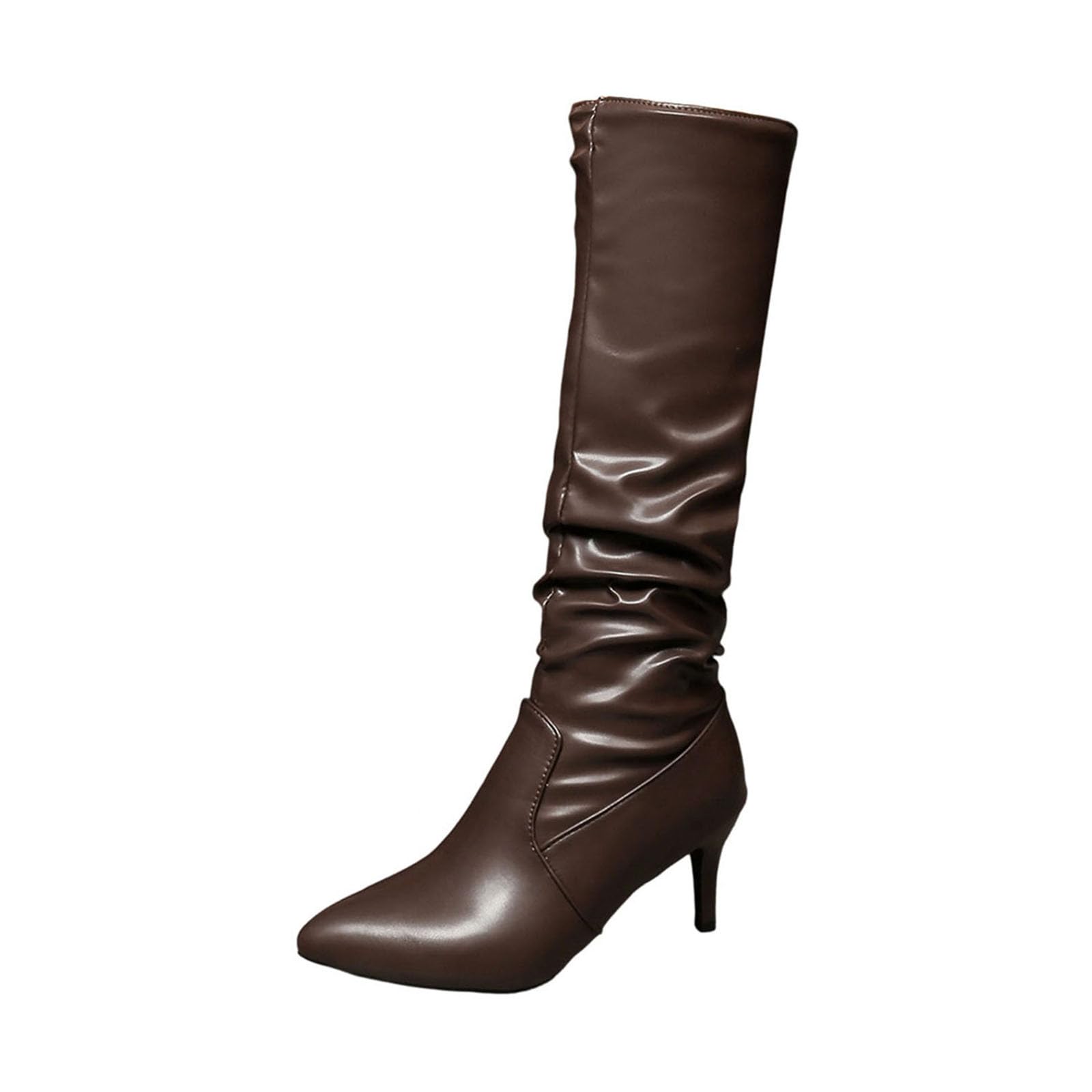 Ladies Knee-High Boots with Pleated Detail Pointed Toe Pu Upper Slender Heel Winter Boots
