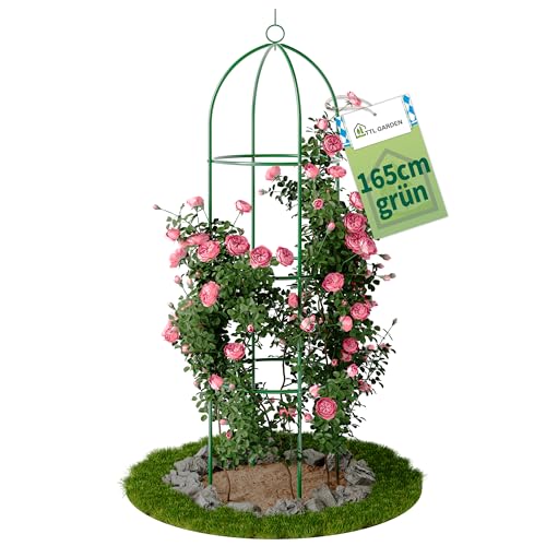 TTL Garden Obelisk Rankhilfe L 165x40cm grün - Rosen Rankgitter Metall rostfrei für Kletterpflanzen Rosen Clematis - pulverbeschichteter Stahl 165 cm hoch 40cm Ø Rankobelisk für Tomaten Gurken