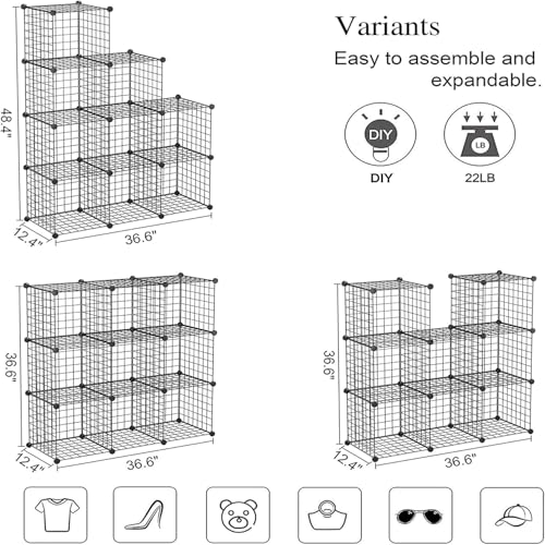 Image of Snazzy Wire Cube Storage, 9-Cube Organizer Metal, Wire C Grids Storage, Storage Bins Shelf, Modular Bookshelf, Closet Cabinet Ideal for Home, Living Room, Office 36.6 inchL x 12.4 inchW x 48.4 inchH Black