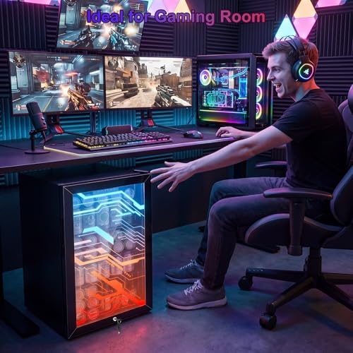 Image of 17 inch Beverage Refrigerator with LED Light Up Door - 128 Can Freestanding Mini Gaming Drink Fridge, Small Beer Cooler with 4 Removable Shelves, Child Safety Lock for Home Bar Party