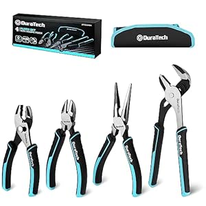 DURATECH 4-Piece Pliers Set with Rolling Pouch, Premium Cr-Ni Construction, (10″ Groove Joint Pliers, 8″ Long Needle Nose, 6″ Slip Joint, 6″ Diagonal) for Basic Repair