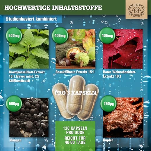 WASSERAUSGLEICH® Aqua Balance Kapseln -WICHTIG: Laborgeprüfte Wasser Balance Kapseln mit Brennessel-, Rosskastanienextrakt, Roter Weinlaub, Mangan +Kupfer 120Stk DE SCHEUNENGUT®