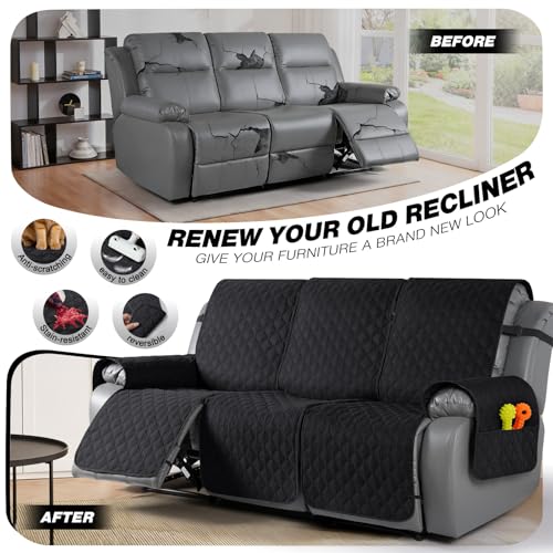 Image of TAOCOCO 100% Waterproof Recliner Covers, Recliner Sofa Covers with Leg Straps, Reversible Recliner Couch Cover for Reclining Chair, Washable Couch Protector for Pets Kids(3 Seater, Black)