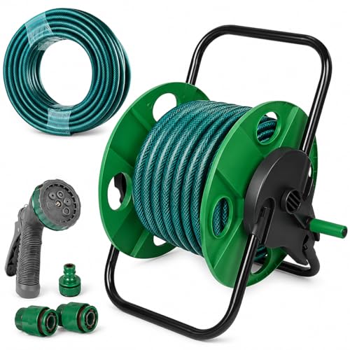 50m Garden Hose Pipe Set with Reel & Spray Gun Heavy Duty Flexible Water Hose with Hose Reel Cart Multi-Function Nozzle & Quick Connect Fittings for Garden Patio & Car Washing