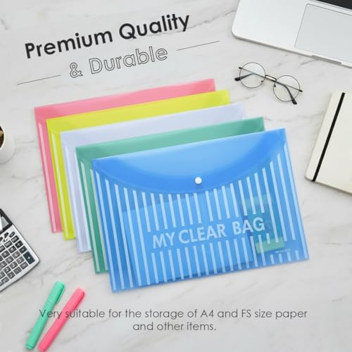 Image of Shuban Document File Folders with Snap Button Closure, Waterproof Plastic Envelope Pouches for Letter /A4 Size Paper, Assorted Transparent Colors (Style-1- Lining Print Folder-5Pcs-Mix Color)