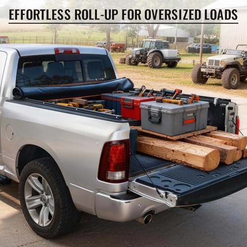 Image of RHOBRA Soft Roll-up Truck Bed Tonneau Cover Compatible with 2009-2026 Dodge Ram 1500 (Incl. Classic & New), 5.7ft Bed, 26.5oz Vinyl Soft Truck Bed Cover, Weather Resistant Bed Cover