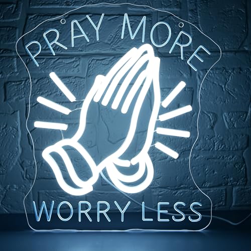 Image of Pray More Worry Less Neon Sign for Wall Decor Dimmable Praying Hands LED Neon Light Christian Decor for Prayer Room Home Church God Jesus Inspirational Religious Wall Art Gifts Size 12.4*11in(GLNP216)