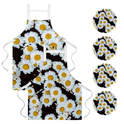 Lot de tabliers de cuisine avec 4 broches et imprimés floraux de marguerites pour le travail