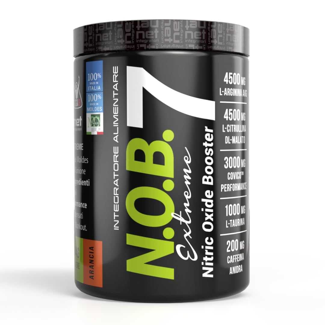 NET Integratori NOB 7 EXTREME - 340g Arancia - Pre Workout A Base Di Arginina - Aumento Energia e Crescita Muscolare, Maggiore sintesi Ossido Nitrico, Formula Potenziata Con Acqua Di Cocco