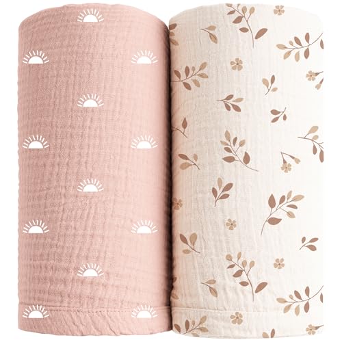 Image of Konssy 2 Pack Muslin Swaddle Blankets, 100% Cotton Receiving Blanket Large 47 x 47 inches for Baby Boys Girls, Soft Breathable Muslin Baby Blanket for Newborn (Pink Sun,Khaki Leaf)