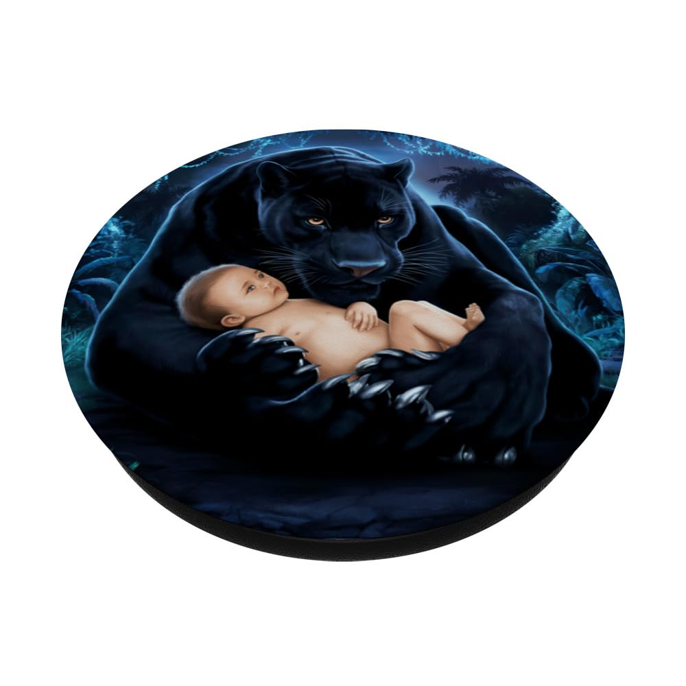 Fantasy Cute Panther Baby Night PopSockets Swappable PopGrip, Black - Image 2