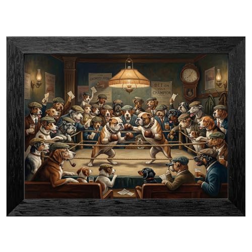 Vintage Dog Boxing Canvas Wall Art 8x10 Black Frame
