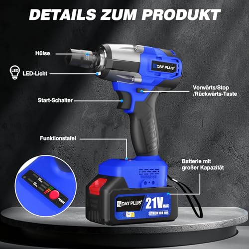 21 V borstelloze accu-slagschroevendraaier, 3-in-1 elektrische moersleutel, 3400 tpm met 12 bits voor het boren en losmaken van schroeven, 450 N.M met Trigger ledlicht, 6000 mAh krachtige batterij - Afbeelding 6