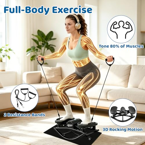 Image of U-Rock Mini Stepper with Upgraded Anti-Slip Mat, Resistance Bands & 3D Swing Motion - Quiet Compact Stair Stepper with Digital Monitor, Full-Body Workout Fitness Equipment for Home & Office