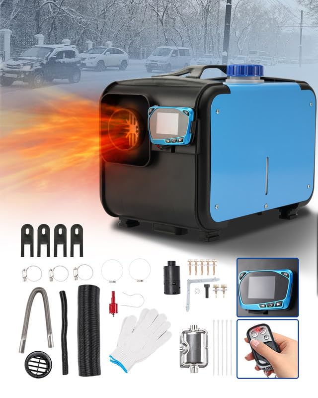Calefactor de estacionamiento diésel todo en uno de 8 kW y 12 V con silenciador, interruptor LCD y control remoto para camiones, barcos, remolques, turismos, autocaravanas y furgonetas camper (azul)
