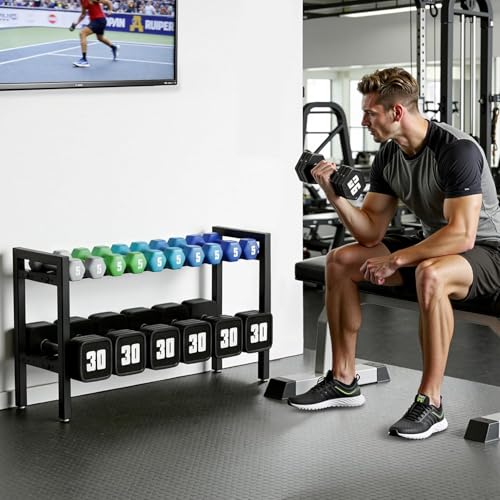 Image of WINSTAR 2-Tier Adjustable Dumbbell Rack | Heavy-Duty Home Gym Weight Storage Stand for Dumbbells & Kettlebells | Space-Saving Home Gym Organizer (Rack Only, Black)