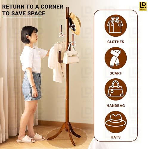 Image of LEOPAX Premium Bamboo Floor Standing Coat Rack with 6 Hooks | Heavy Stable Base Coat Stand for Jackets, Bags, Hats & Scarves | Dark Brown (170 x 50 x 50 cm)
