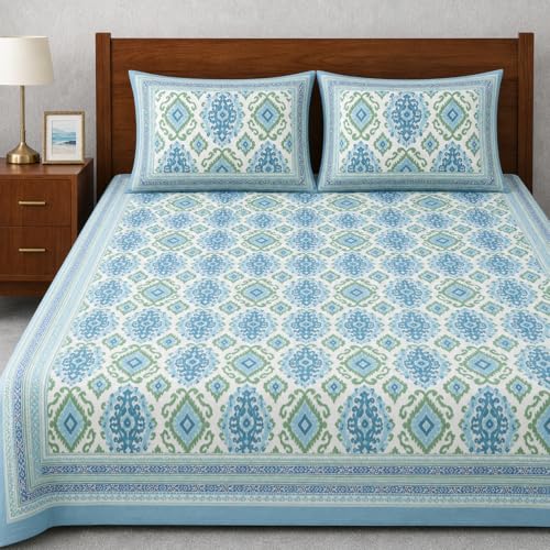 Image of elanorhomes Cotton Double King Size Bedsheet | Hand Printed | Ultra-Soft & Skin-Safe | Breathable Summer Comfort | 90x108 inches with 2 Pillow Covers (Rajputana Ikkat)