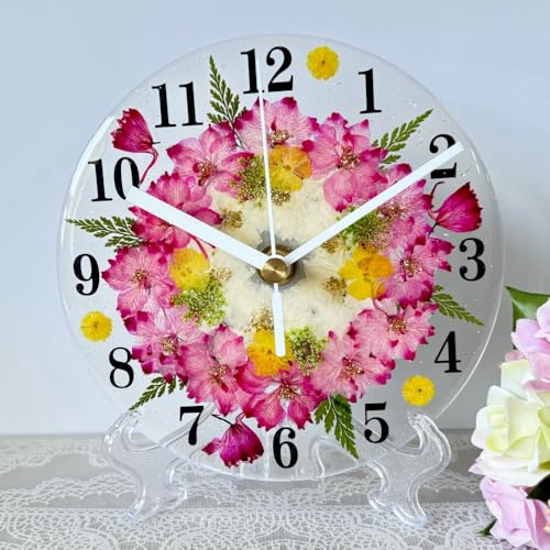 押し花 花時計 フラワーサークル 掛け時計 置時計 φ15cm ハンドメイド ギフト 可愛いボックス入り (ストロベリーピンク)