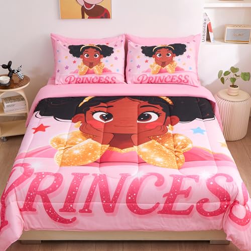 Image of Black Girl Princess Comforter Set for Girls,Pink Gradient Glitter 5pcs Kids Bedding Set Twin,Ultra Soft and Fluffy Bed in a Bag with Comforter Sheets Pillowcase & Sham