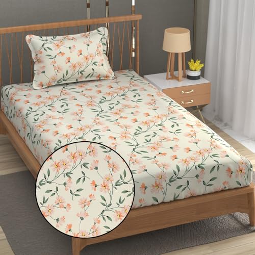 Image of FRESH FROM LOOM Single Bed Microfiber Floral Print Bedsheet - 240 TC, Hypoallergenic, 1 Pillow Covers (Size- 60 x 90 Inch | Barely-Peach)