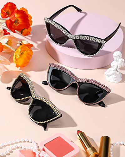 Kanayu 3 Pairs Retro Rhinestone Sunglasses Bling Sunglasses Vintage Frame Eyewear for Women Girls Party, 3 Styles4