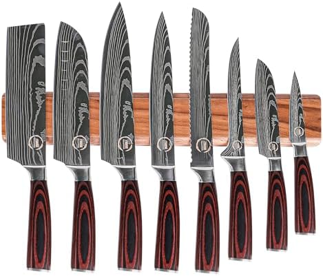 HouseWish 8 PC Chef Knives - High Carbon Stainless Steel Knives With Pakkawood Handles - Magnetic Strip Holder Included - Japanese Knife Set - Home & Professional Chef