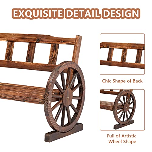 Kinlife Wooden Wagon Wheel 2-Person Outdoor Bench Garden Bench, Wagon Slatted Seat With Backrest For Backyard, Patio, Garden Decorative #TOP2