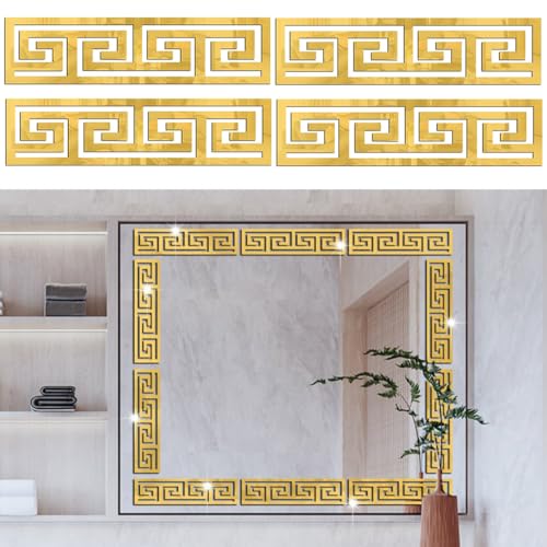 Image of HASTHIP 12Pcs Golden Decorative Mirror Stickers for Wall, Geometric Acrylic Wall Border Stickers, Versatile Mirror Frame Decor for Bedroom Bathroom Living Room Background Decor, 7.87x1.96 Inches