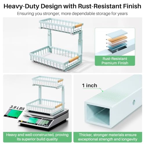 Image of Kitstorack Under Sink Organizer, 2 Tier Under the Sink Storage, Slide out Pull out Cabinet Organizer Shelf, Metal Sliding Drawer for Kitchen Bathroom Pantry Closet Organization Rack, Blue, 1 Pack