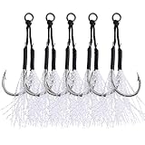 GOTURE 5PCS/Pack High Strength Fishing Assist Double Jig Head Lure Hook with Black Braided Lines and Crystal Feather for Tuna, Striped Bass, Salmon, Size 3/0