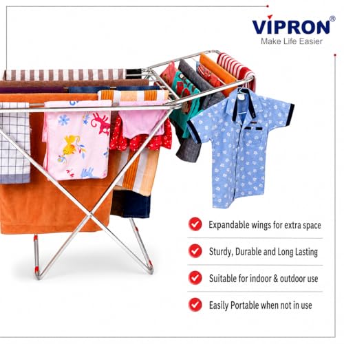 Image of Stainless Steel Foldable Clothes Drying Stand Double Rack | Heavy Duty Laundry Dryer Stand | Rust Proof Indoor Outdoor Cloth Drying Rack | Space Saving Design | 120x54x4 cm
