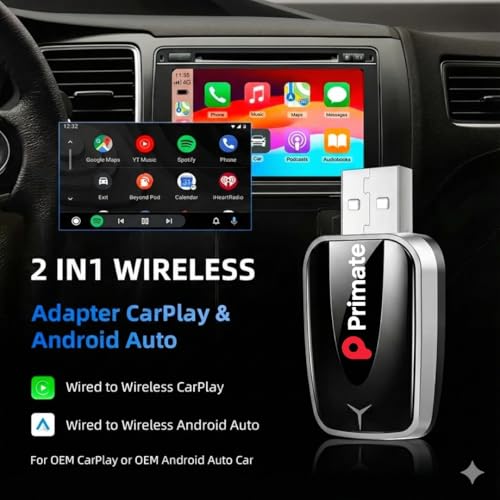 Image of Primate 2-in-1 Wireless Android Auto & CarPlay Adapter | Plug & Play | Convert Wired Auto to Wireless | 5GHz WiFi + Bluetooth | USB-A /C Support | Works with OEM Wired Systems