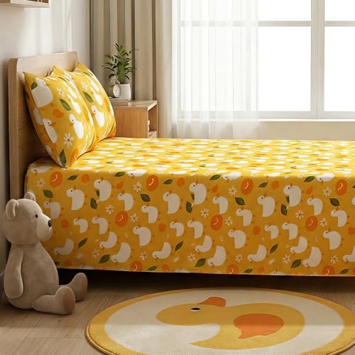 Image of Story@Home Duck Theme Kids Double Bedsheet 225x250 cm with 2 Pillow Covers | Cotton Feel 180 TC Soft Fabric | Duck Yellow Cute Cartoon Design | Breathable & Comfortable
