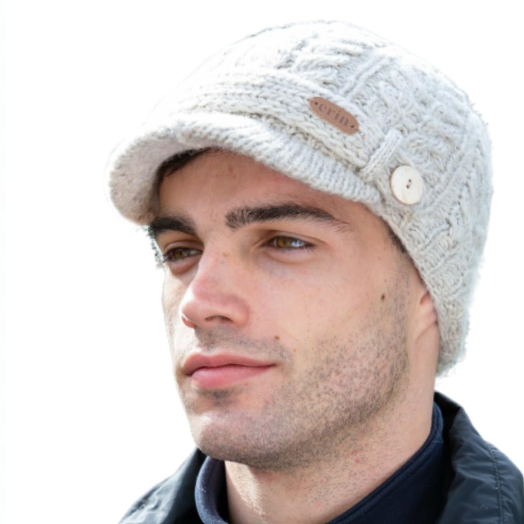 Gorro de punto trenzado para hombre, 100 % lana, forro polar, talla única, lavar a mano, Avena, talla única