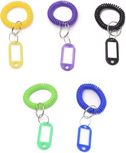 Paquete de 5 llaveros de espiral de resorte de colores, llavero de pulsera, llavero, Amarillo, verde, azul, púrpura, negro