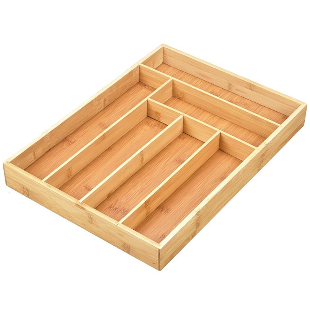 Bandeja de almacenamiento de cubiertos de bambú de gran capacidad con 6 compartimentos, resistente, apilable, organizador de cocina de cajón profundo para eficiencia de espacio