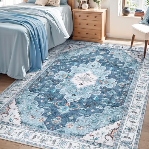 SERISSA Bedroom Rug 4x6 Boho Vintage Blue Washable Area Non Slip, Ultra Soft Print Distressed Entry Low-Pile Throw Carpet for Nursery Dorm Kitchen Living Room Decor
