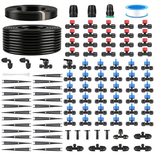 YAOBLUESEA Kit d’Arrosage Goutte à Goutte 101 Pièces avec Compensation de Pression, Tuyaux 15m PVC/PE/PP, 4 Modes, pour Jardin Potager Serre