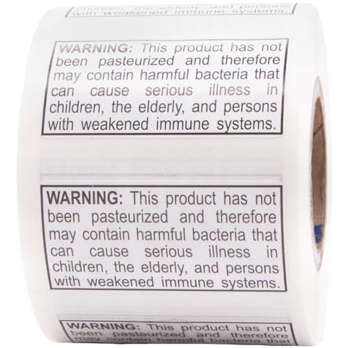 Not Pasteurized Warning Labels 0.75 x 1.5 Inch, 500 Stickers