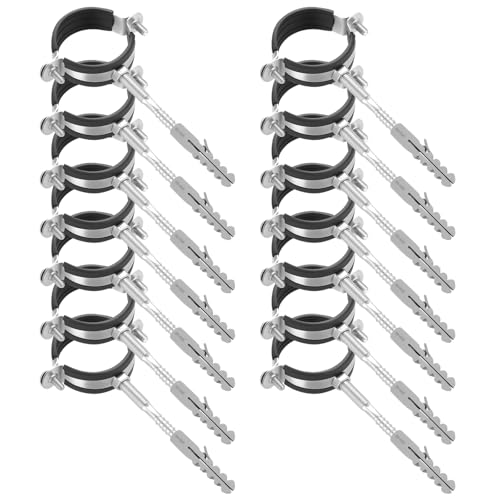 14 Stück 50mm Rohrschellen Set - 14 Schraubrohrschelle + 14 Dübel + 14 Stockschrauben Rohrhalterung Rohrbefestigung mit Gummieinlage für Lüftungskanäle Rundleitungen und Klempnerarbeiten