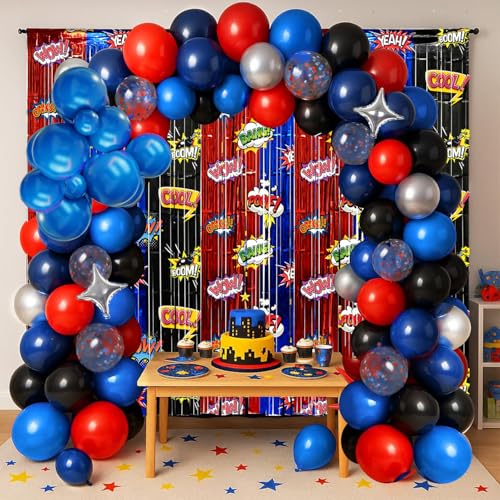 Image of Black Red Blue Balloon Garland Arch Kit Birthday Party Decorations, Hero Foil Fringe Curtains Backdrop Tinsel Streamer Photo Booth Props for Hero Party Decor Supplies Favors