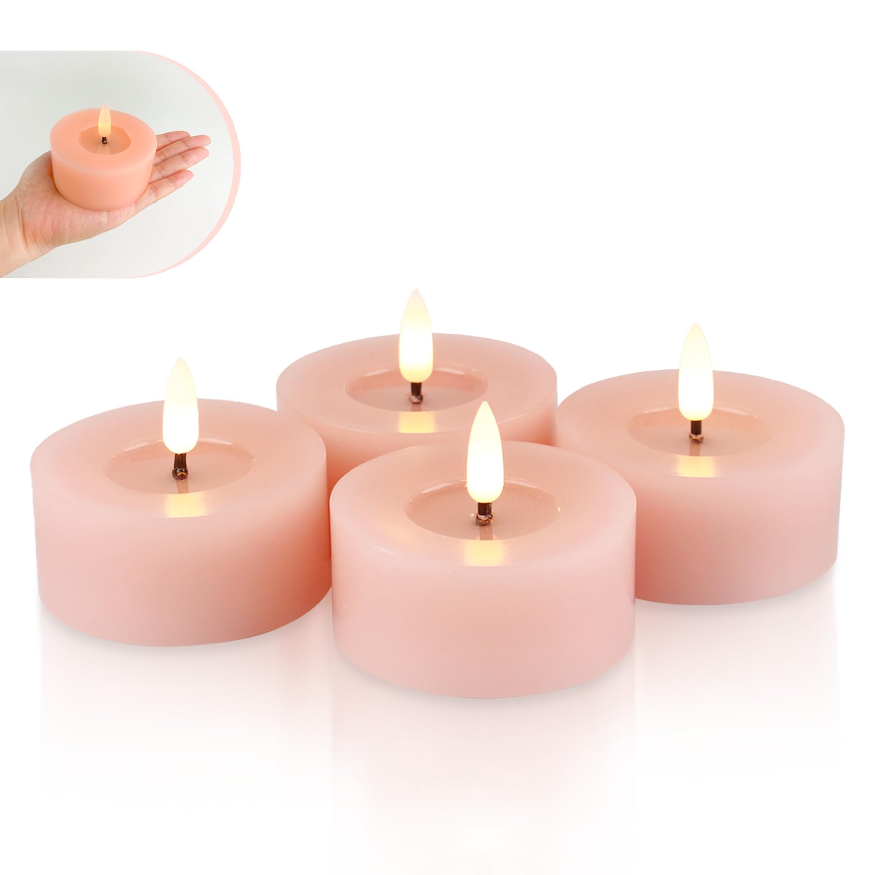 Rhytsing Pink Set Of 4 Rose Flamless Led Votive Candles With Reflective Wax Oil Surface For Spring And Summer, Real Wax Battery Operated Jumbo Tealights With Timer For Christmas Wreath - D 7Cm X H 3Cm
