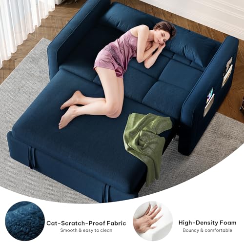 DWVO 3-in-1 Convertible Sofa Bed, 55" Sleeper Sofa with Pull-Out Bed, Cat-Scratch-Proof Fabric Futon Couch with Adjustable Backrest and Side Pocket, Loveseat for Living Room Apartment, Blue