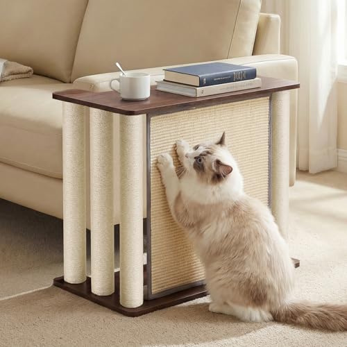 Veehoo Couch Protector from Cat Claws Couch End Table with Cat Scratch Panel and Scratching Posts Pet Corner Sofa Side Table Scratcher Back Walnut Left