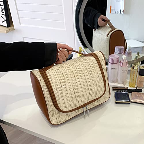 Makeup Bag Hand-Portable Girl Hanging Travel Toiletry Bag Cosmetic Bag For Women Large Makeup Bag Organizer (Straw Weaving White) #TOP3